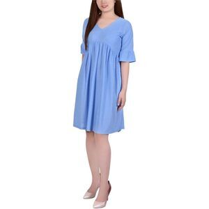 NY Women's Petite Elbow Sleeve Swiss Dot Empire Dress Navy